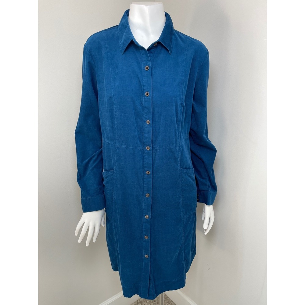 J.Jill Teal Blue Corduroy Button Down Shirt Dress Long Sleeve Cotton Pockets M